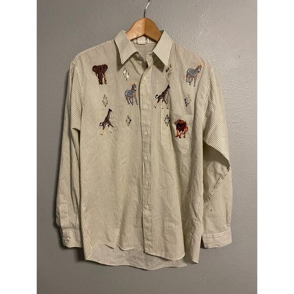 Vintage Tia Designs Shirt Womens Medium Stripe Embroidered Safari Animals USA - Picture 1 of 8